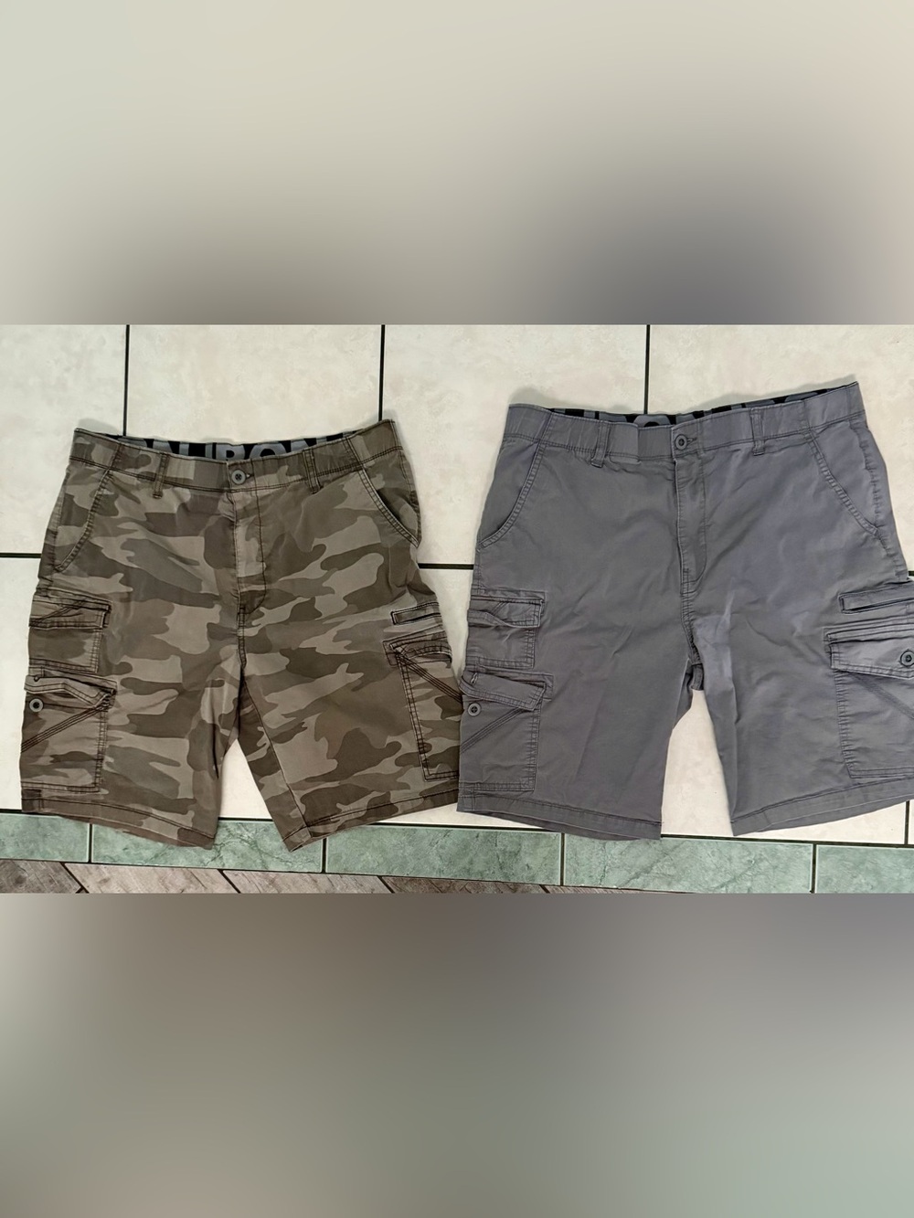2 PRs Men’s Iron Clothing Co. Cargo Shorts Sz 36 Gray & Camo